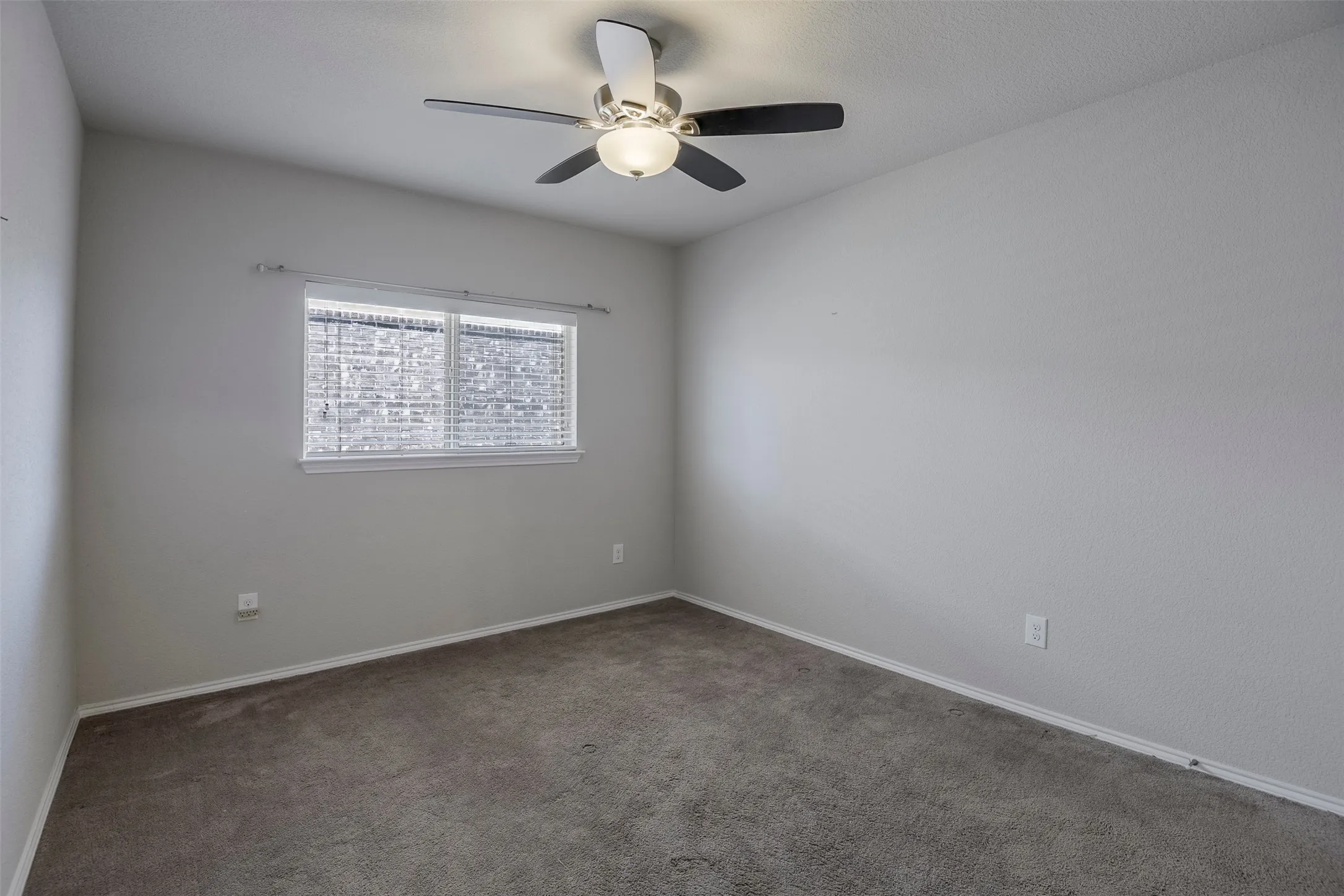 Textured white walls and gray carpet flooring