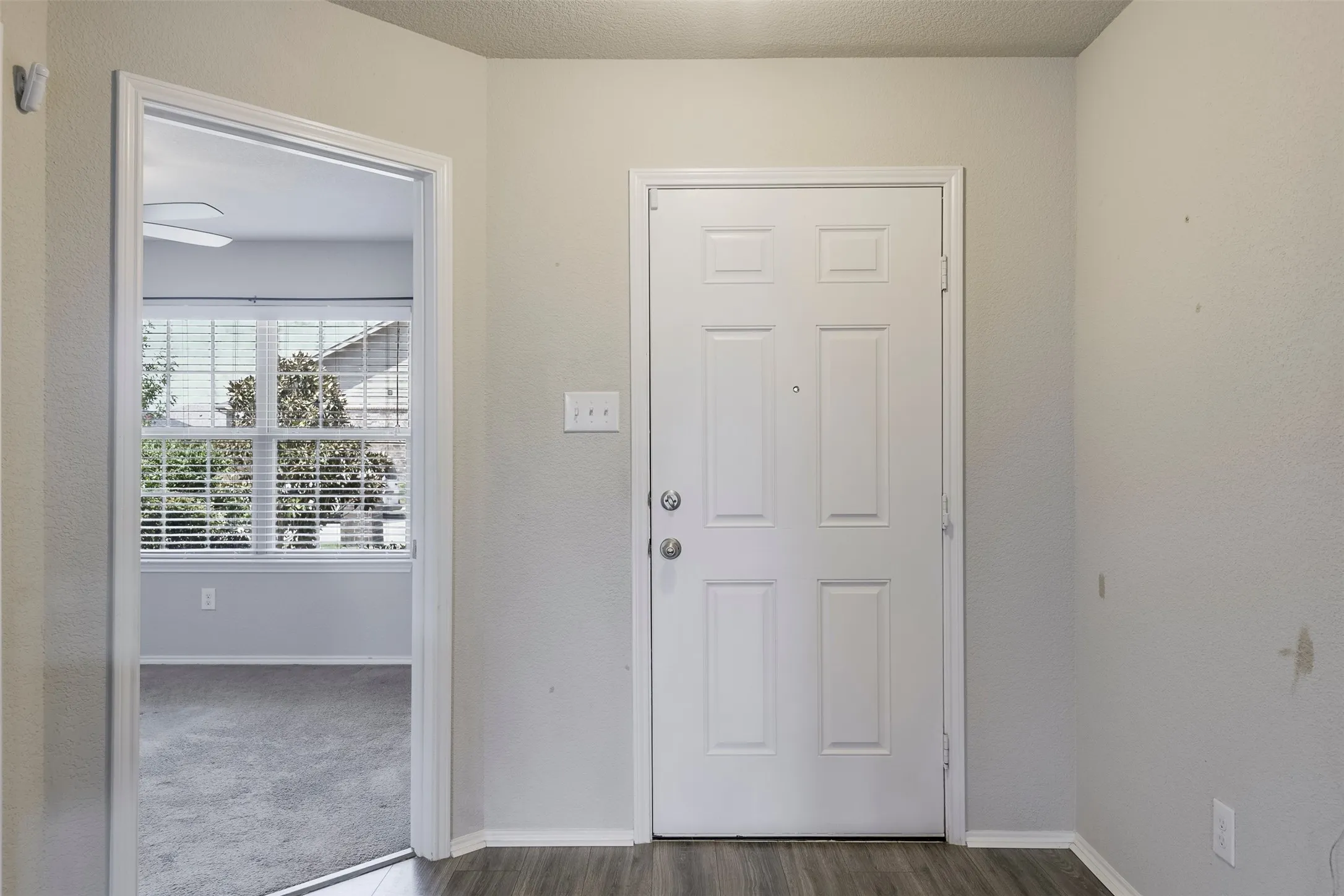 Entryway featuring a paneled door, wood-finish flooring, and a broad cased opening to an interior room with carpet and large windows