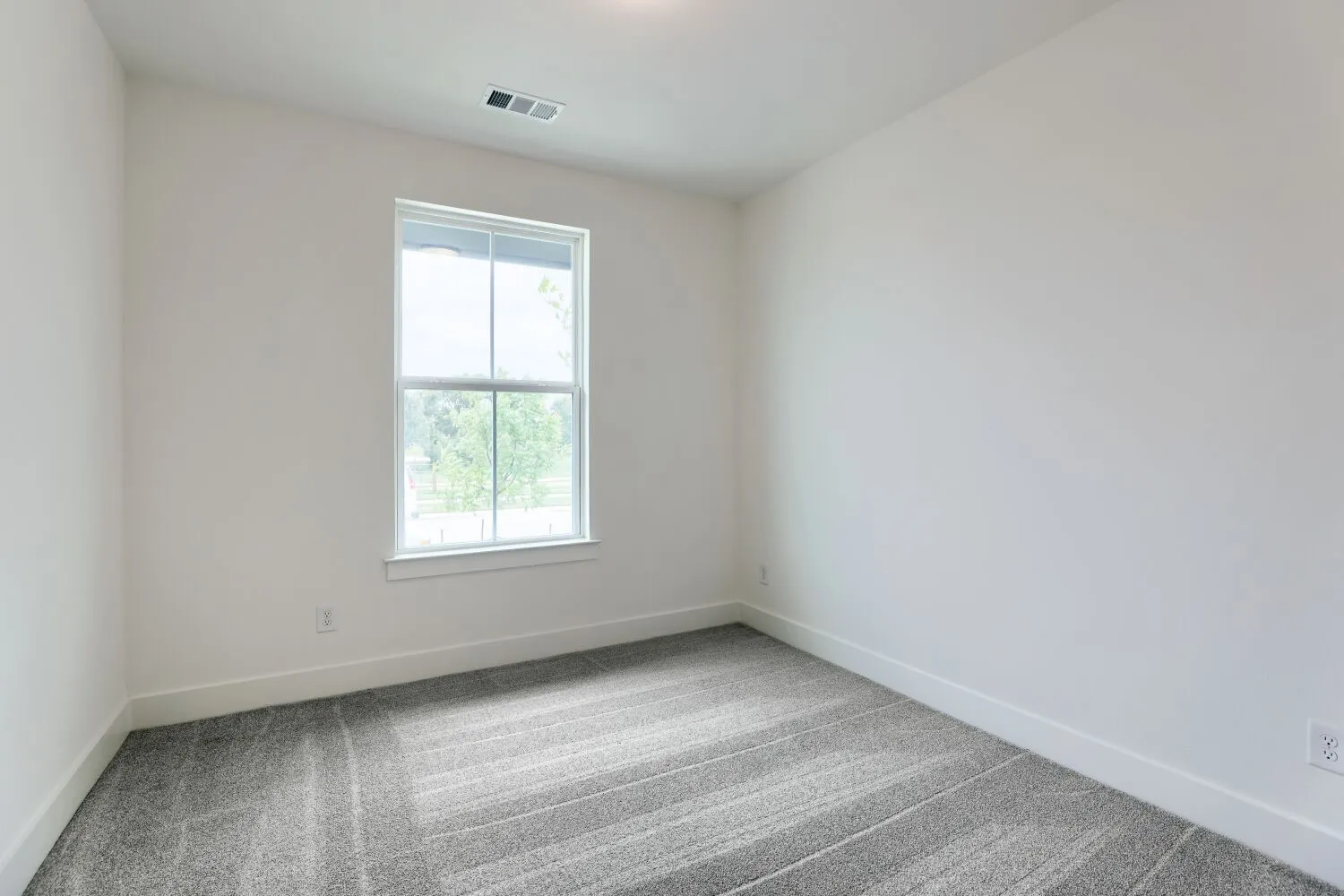 Bright room featuring a double-hung window, light gray striped carpeting, and white walls