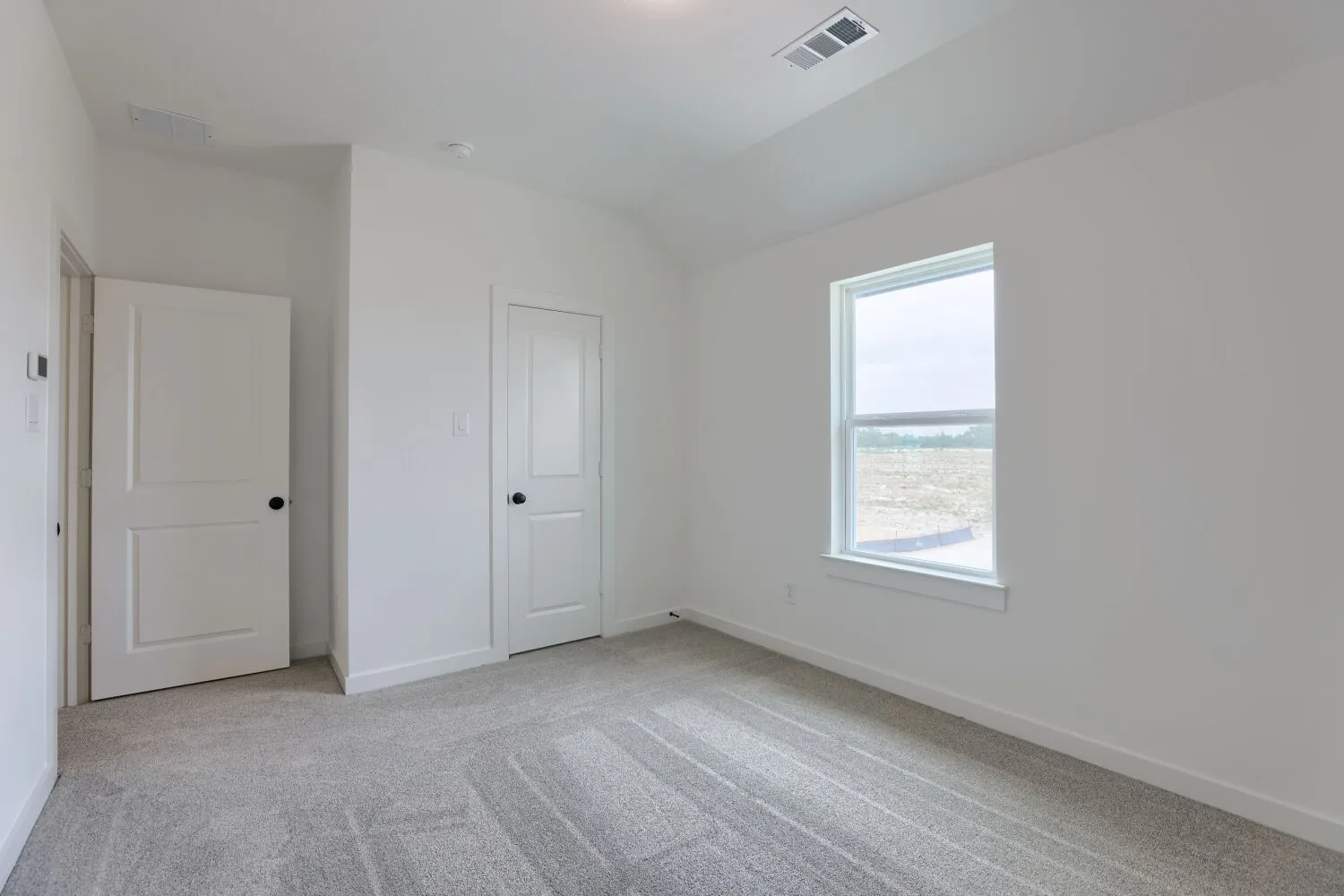 Neutral wall finishes, white trim, and light grey carpet