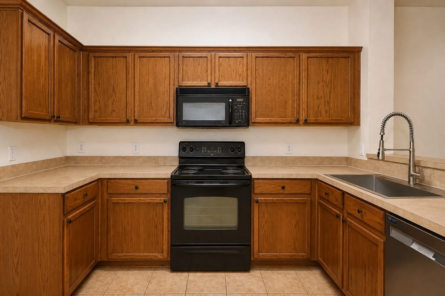 U-shaped kitchen featuring wood-finish cabinetry, solid surface countertops, a stainless steel sink with a gooseneck faucet, and integrated black appliances