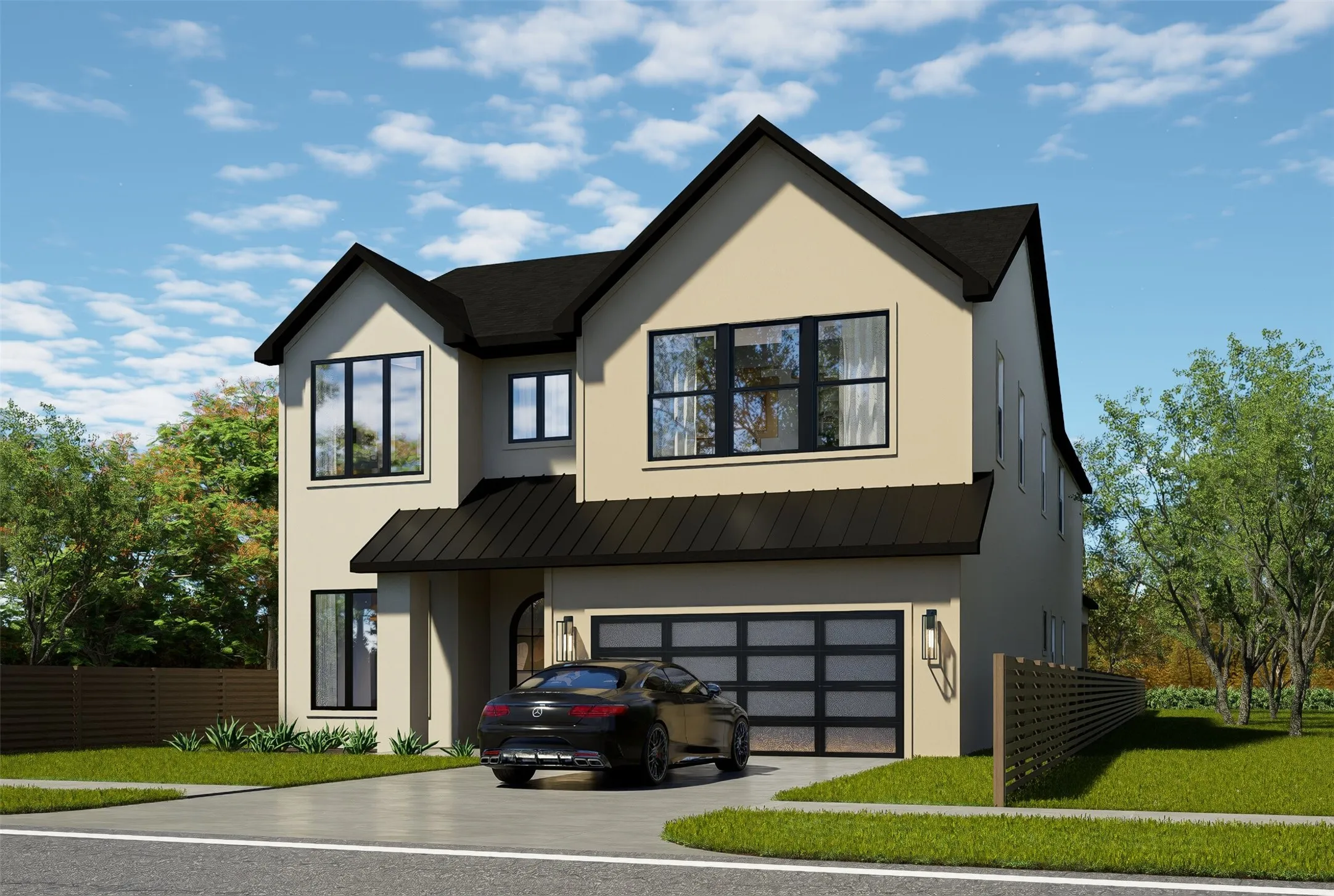 Contemporary two-story residence featuring a light stucco exterior and a black shingle roof