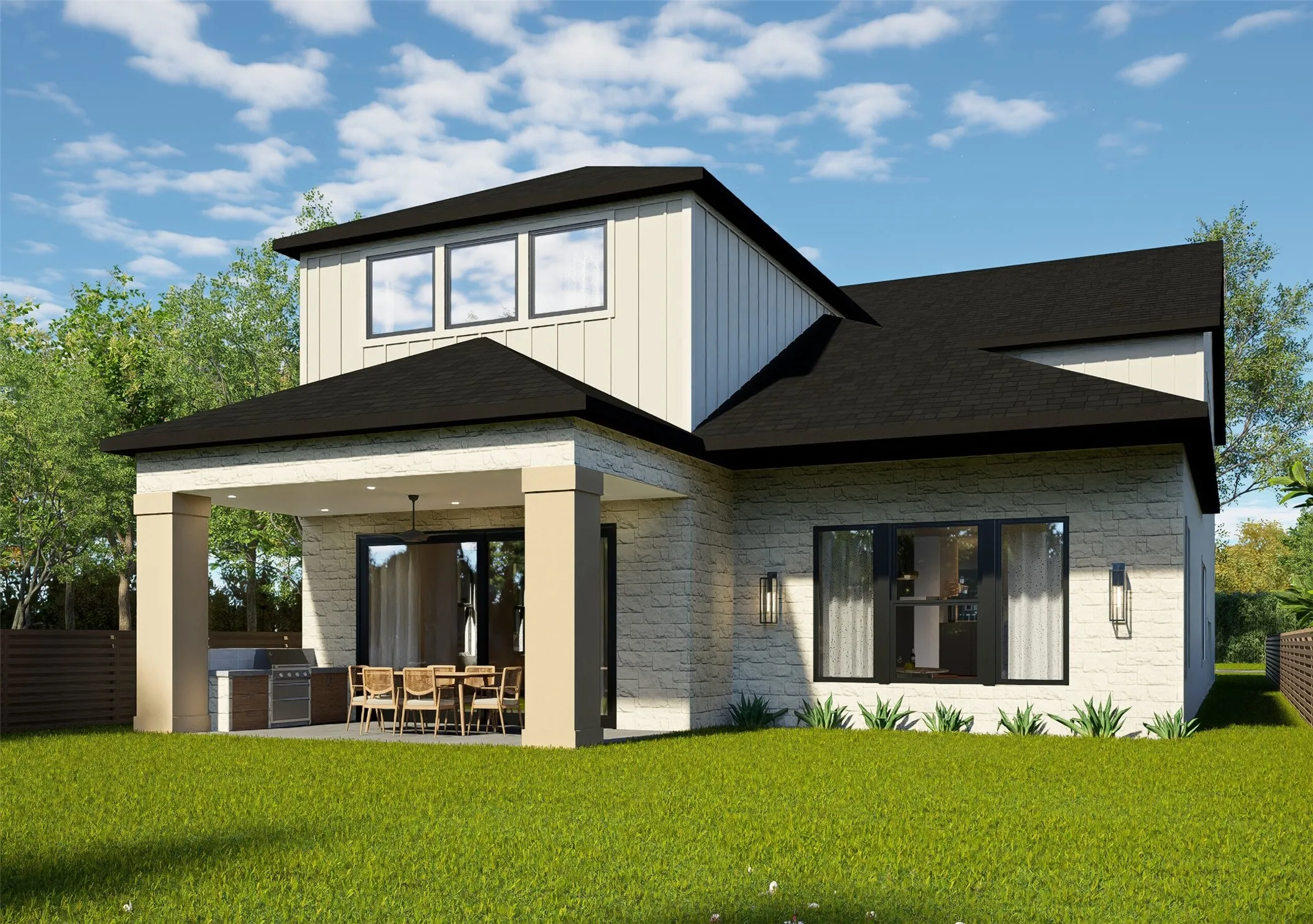 Contemporary home exterior featuring a covered patio, built-in outdoor kitchen, board and batten siding, stone facade, and black framed windows