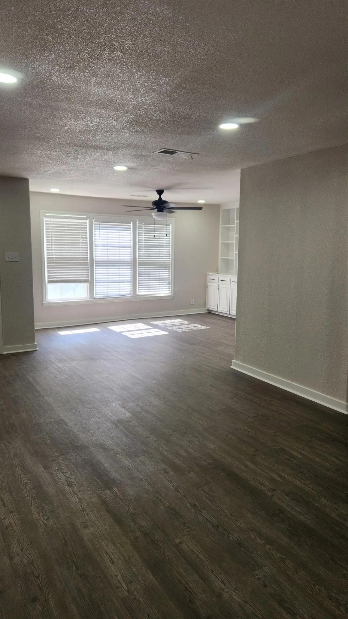 Wood-finish flooring throughout, recessed lighting, ceiling fan, and built-in shelving with lower cabinetry
