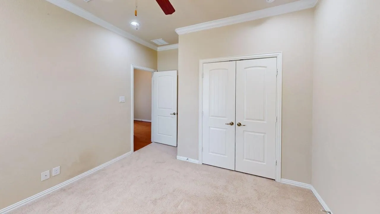 Plush carpet flooring, crown molding, white trim, and a ceiling fan with integrated lighting
