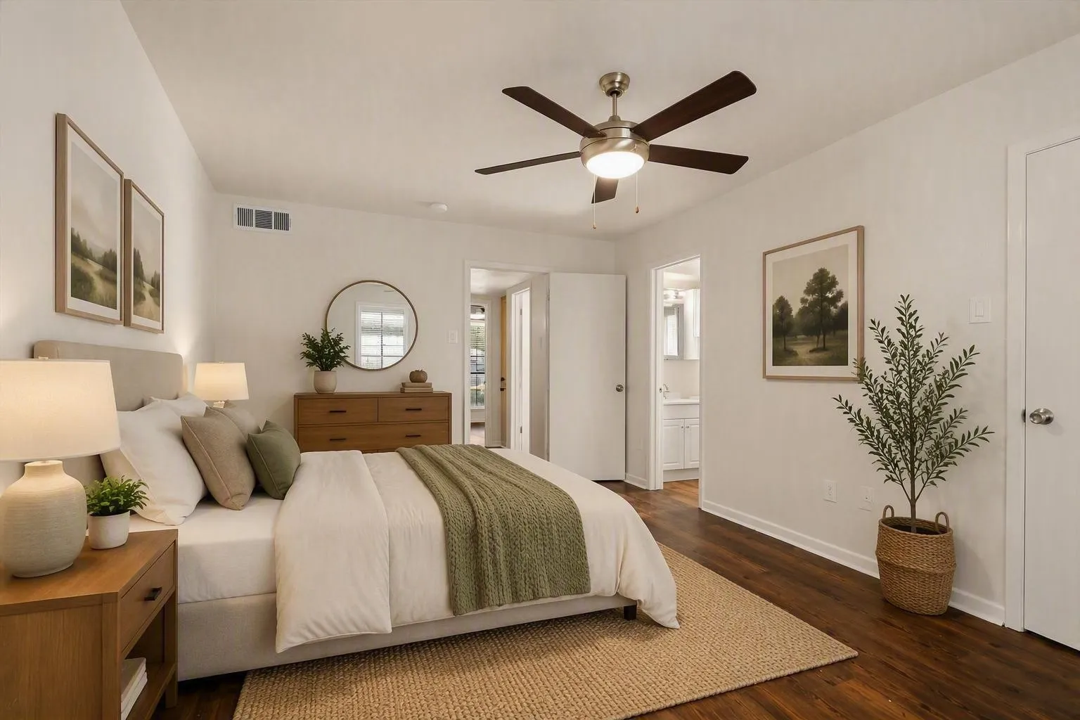 Wood-finish flooring with a neutral wall palette, featuring a ceiling fan with integrated lighting