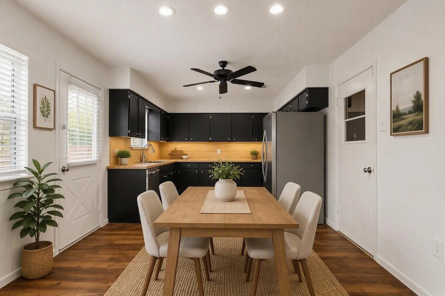 Kitchen featuring black cabinetry, stainless steel refrigerator, wood-finish flooring, and recessed lighting