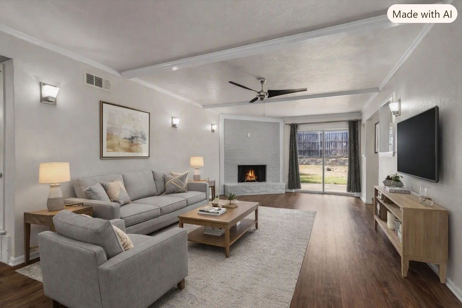 Wood-finish flooring, corner fireplace with a light-colored brick surround, ceiling fan, crown molding, and sliding glass door to exterior