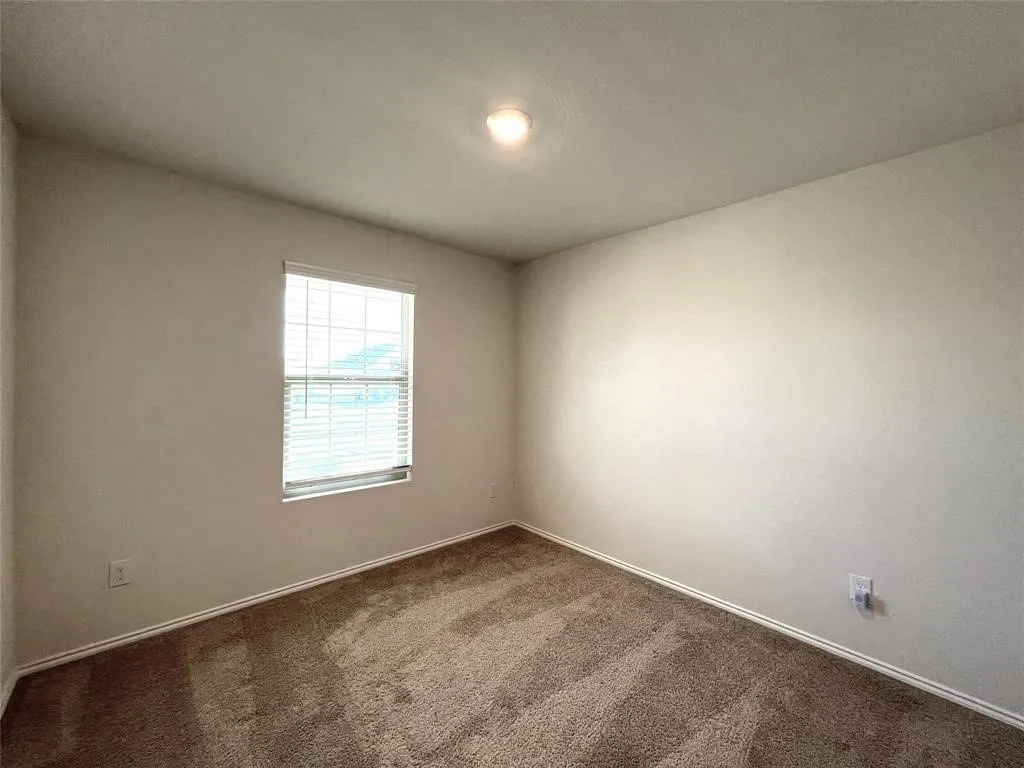 Wall-to-wall carpeting, single window with blinds, and flush-mount ceiling light fixture