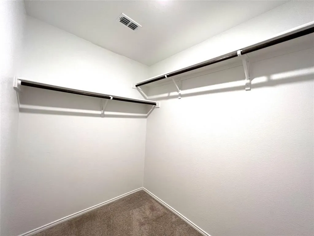 Carpeted closet with white walls and built-in shelving