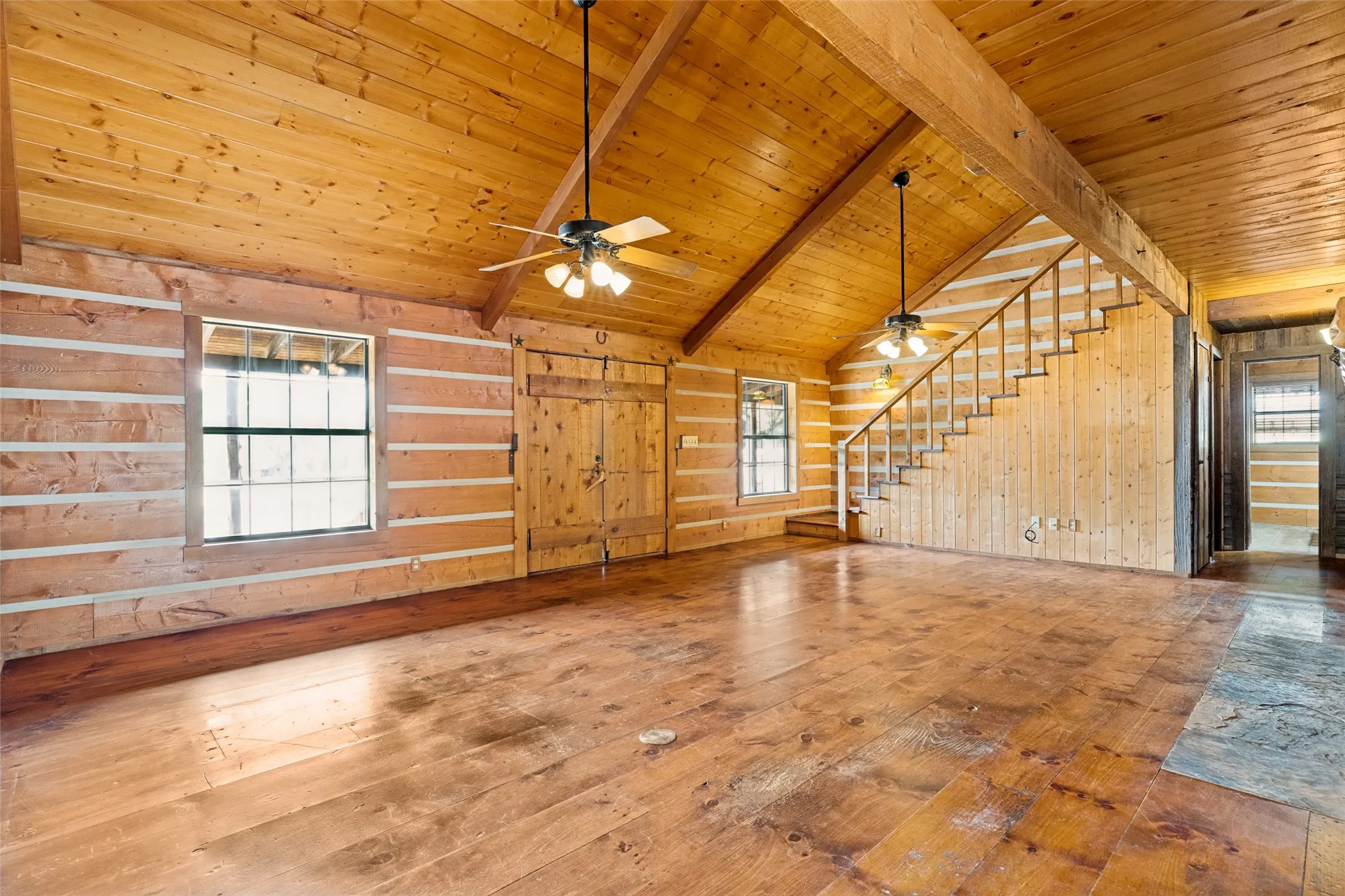 Living Room with Gorgeous Pine Flooring