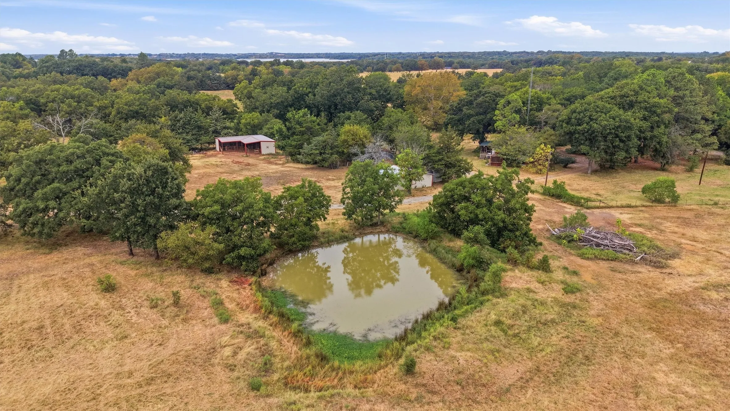 Pond with surrounding vegetation, expansive land area, mature trees, and a distant outbuilding