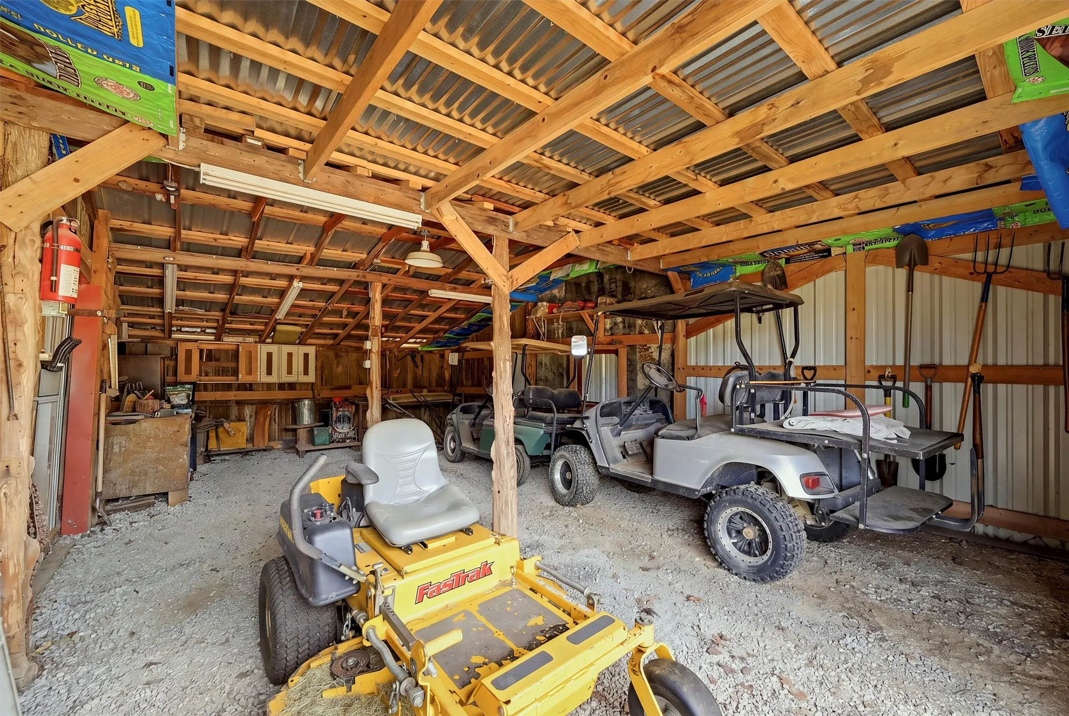 Interior of the metal utility building with two bays