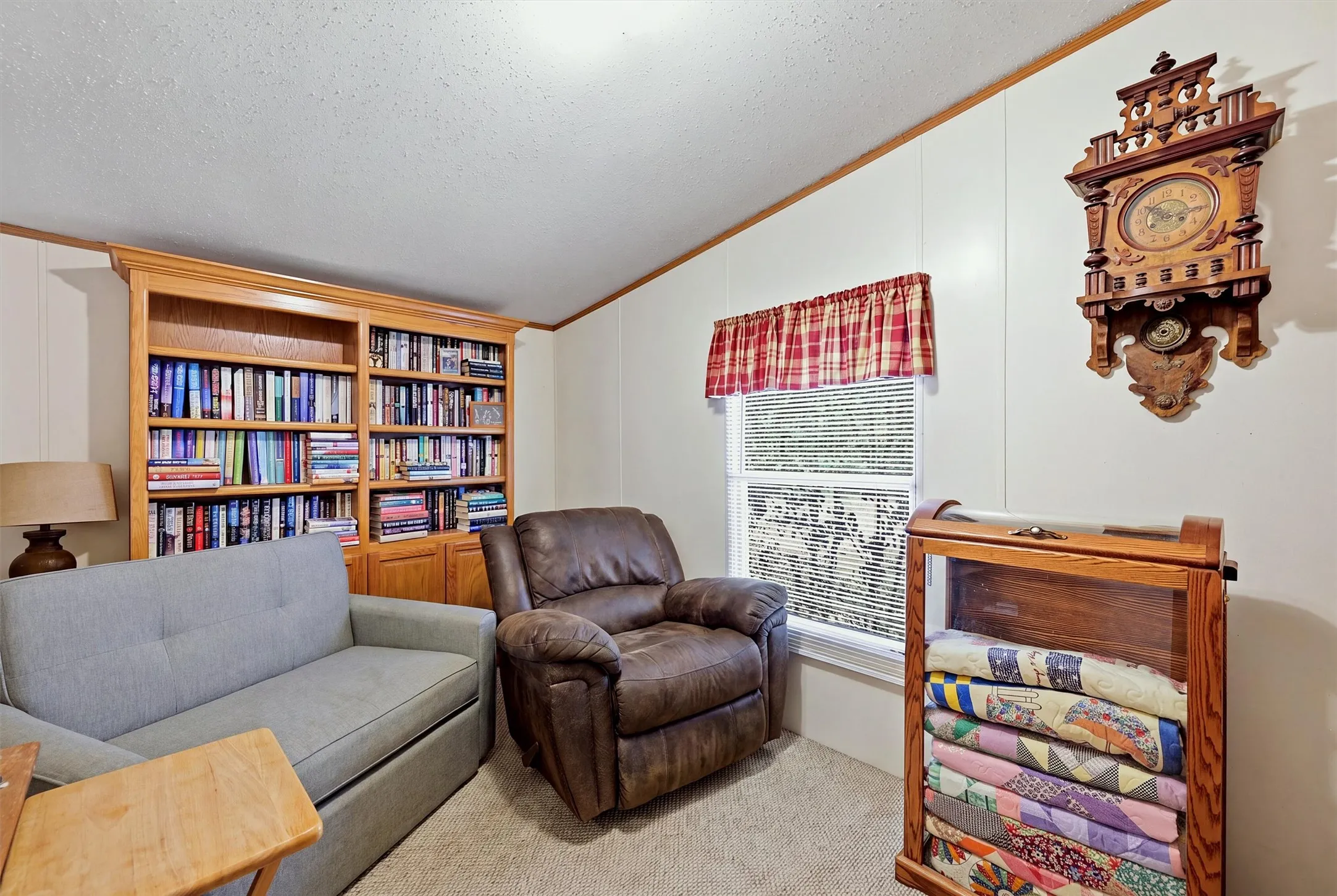 AI enhanced - Built-in wood-finish shelving, wall paneling, window with blinds, and neutral carpeting