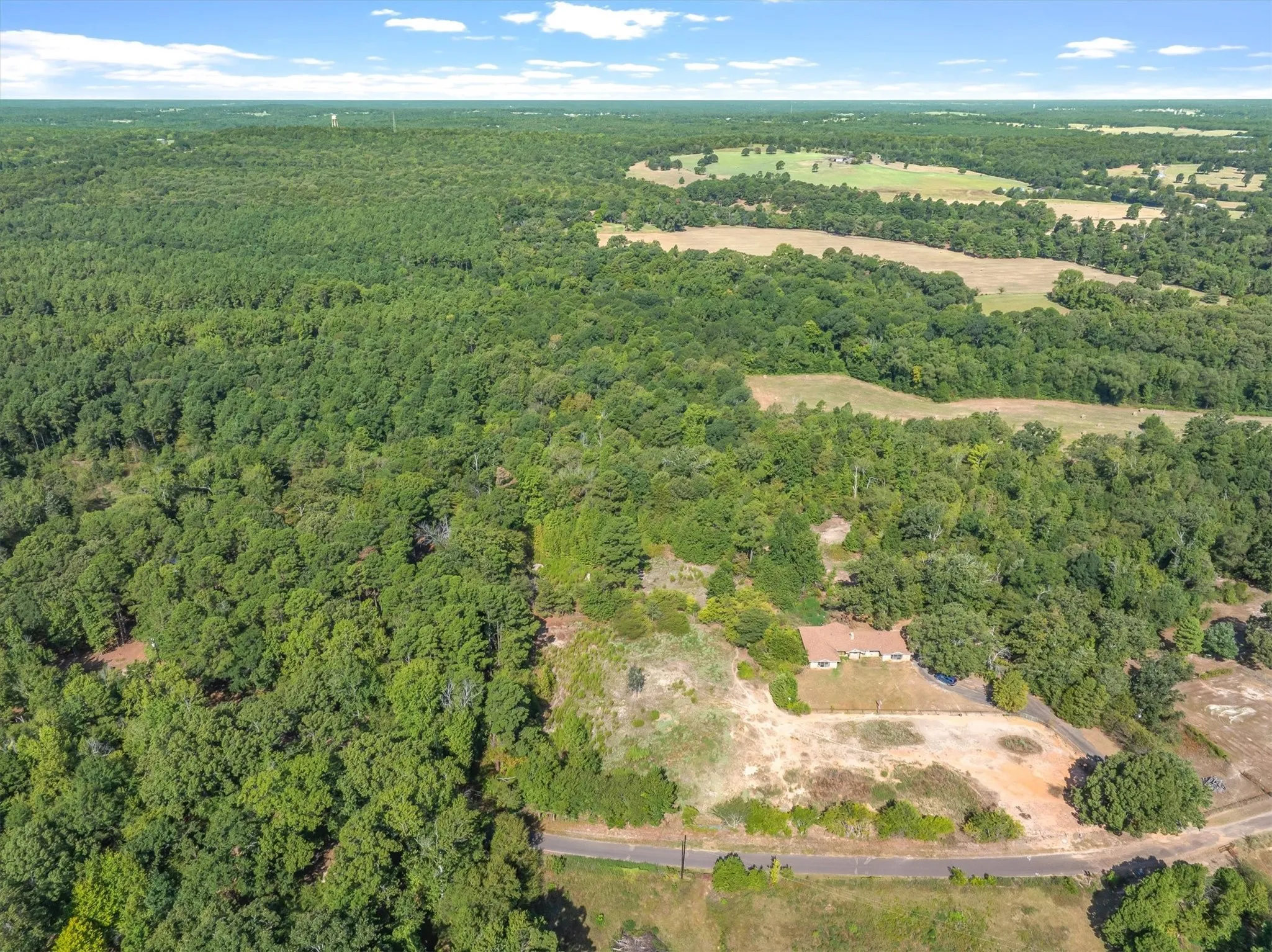 Expansive wooded acreage with a single-story residence, surrounded by mature trees and natural landscape