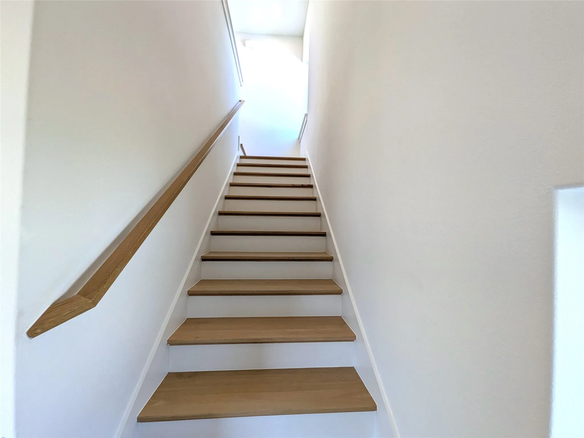 Staircase with wood-finish treads and a natural wood handrail