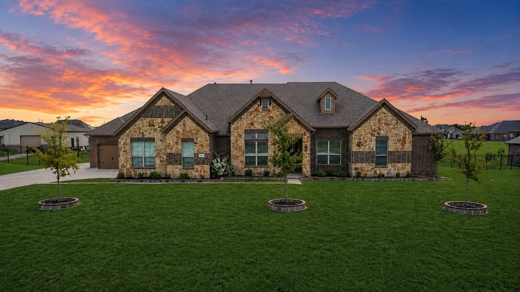 Stone and brick facade with multiple gables