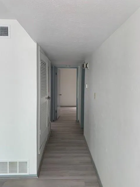 Wood-finish flooring with neutral wall paint and a flush-mount wall light