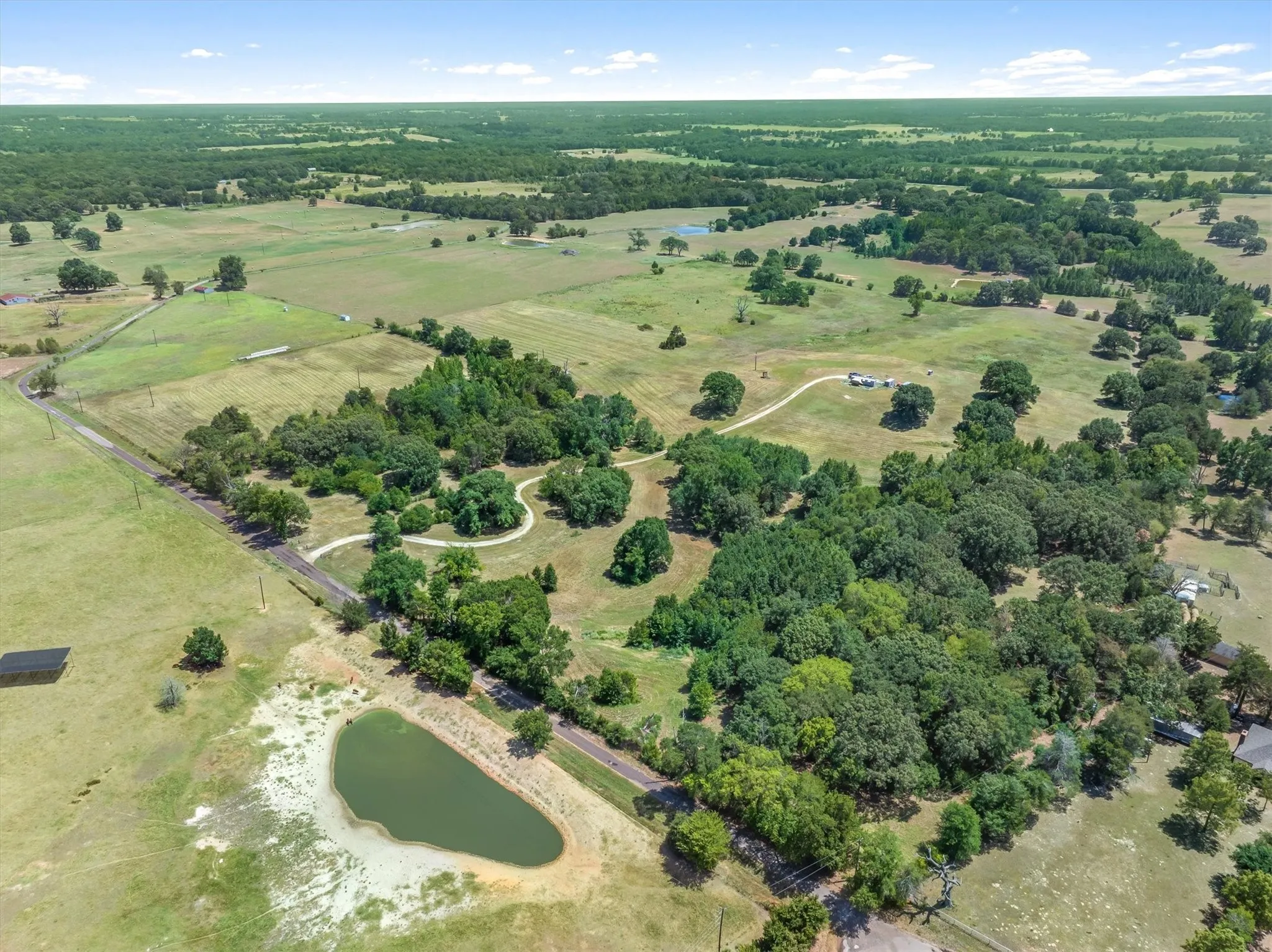 Expansive green acreage with a tree-lined perimeter, a private pond, and winding unpaved roads