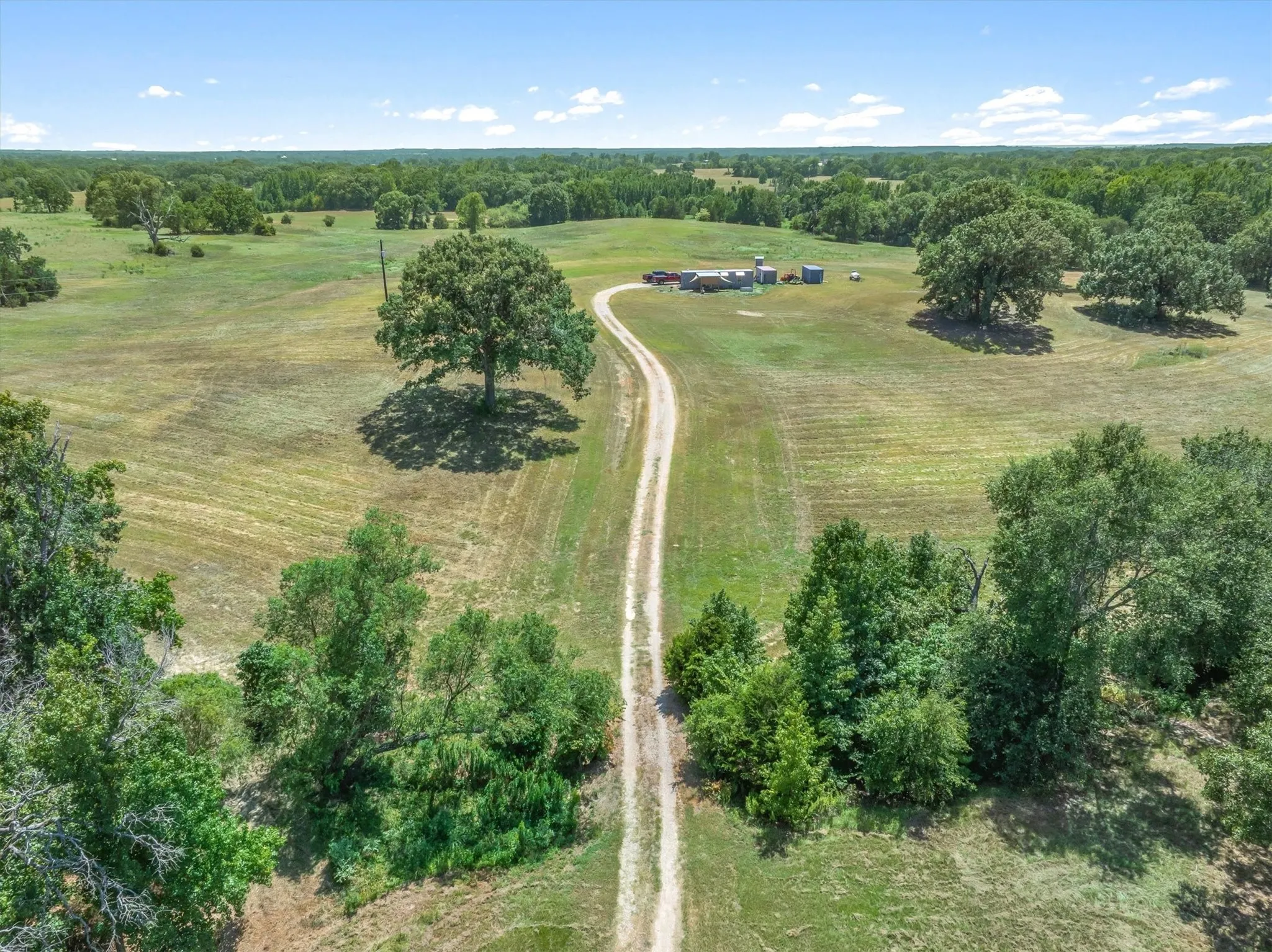 Expansive land parcel featuring a winding dirt road, mature trees, and distant structures