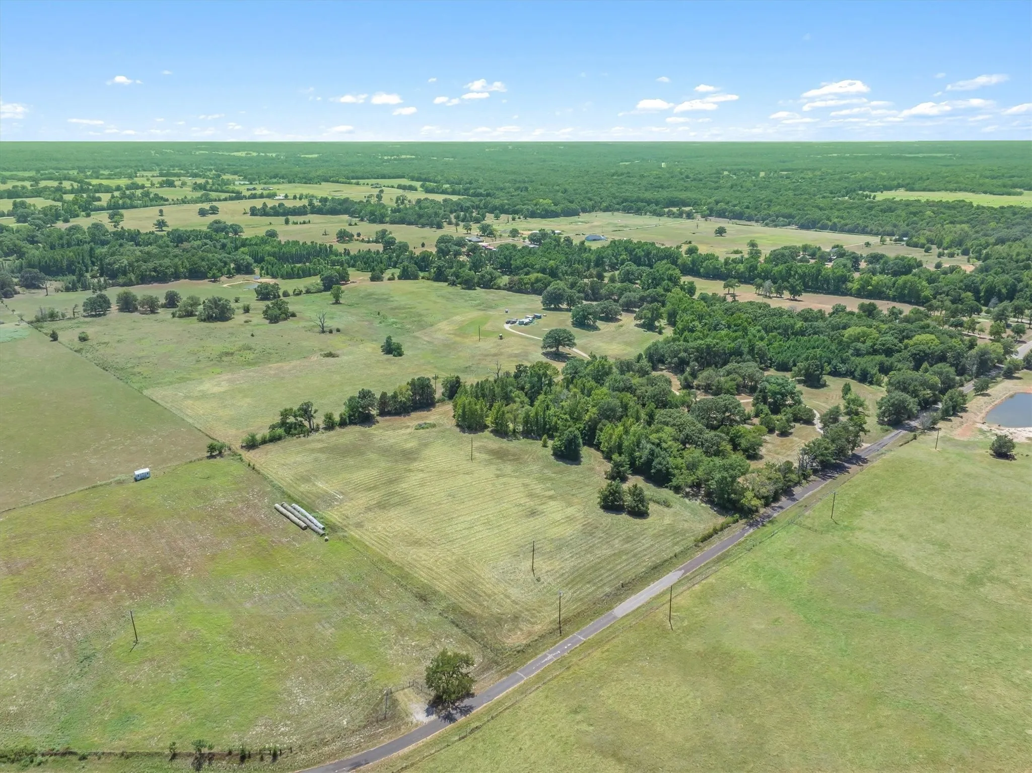 Expansive acreage featuring mature trees, open fields, a pond, and a gravel road