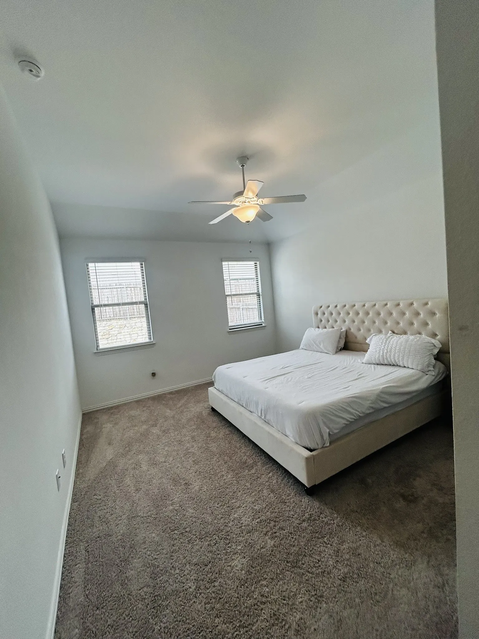 Plush carpeting with neutral wall tones, dual windows featuring blinds, and a ceiling fan with integrated lighting