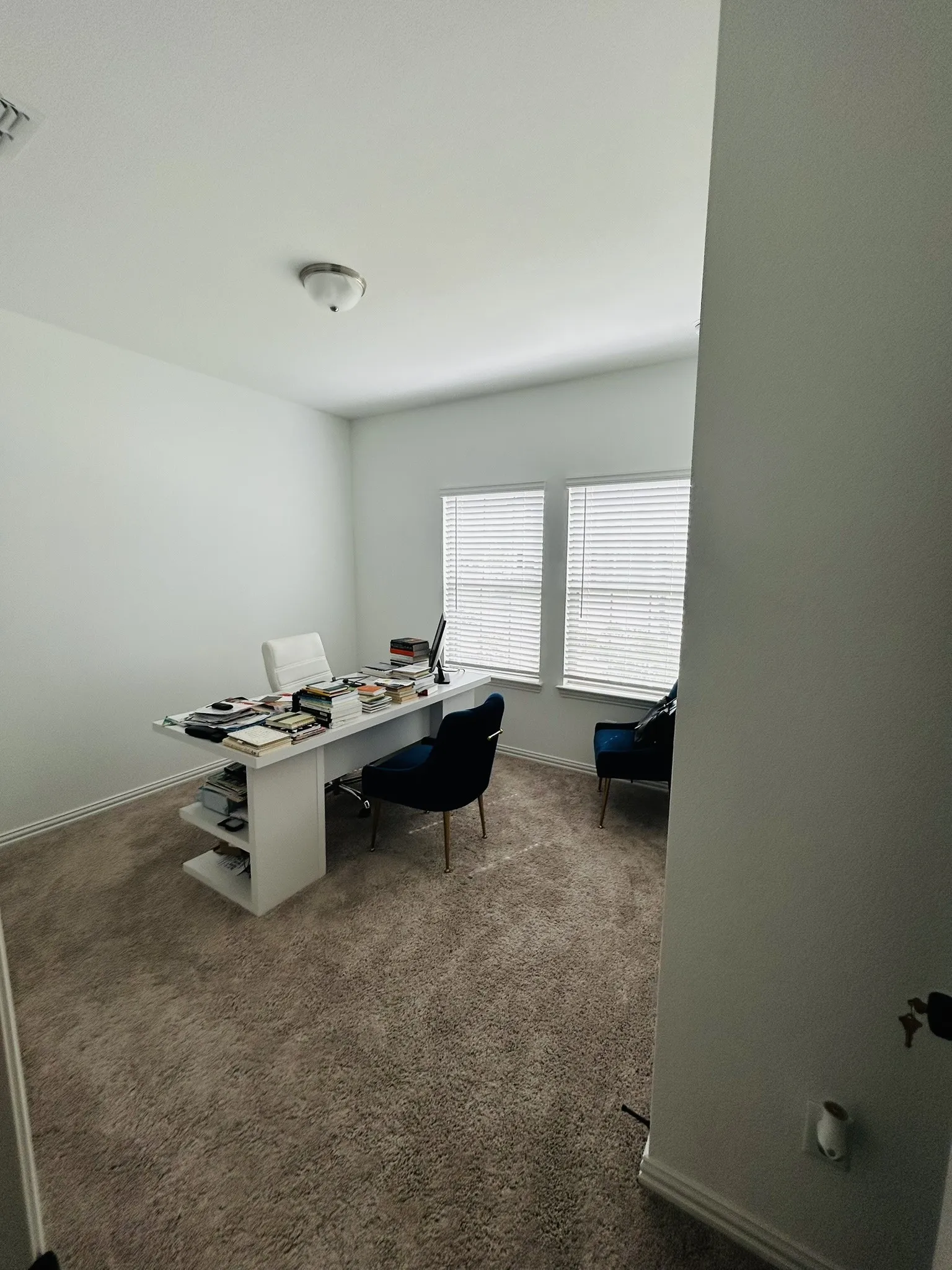 Neutral-toned carpeting, white painted walls, and a semi-flush mount ceiling light