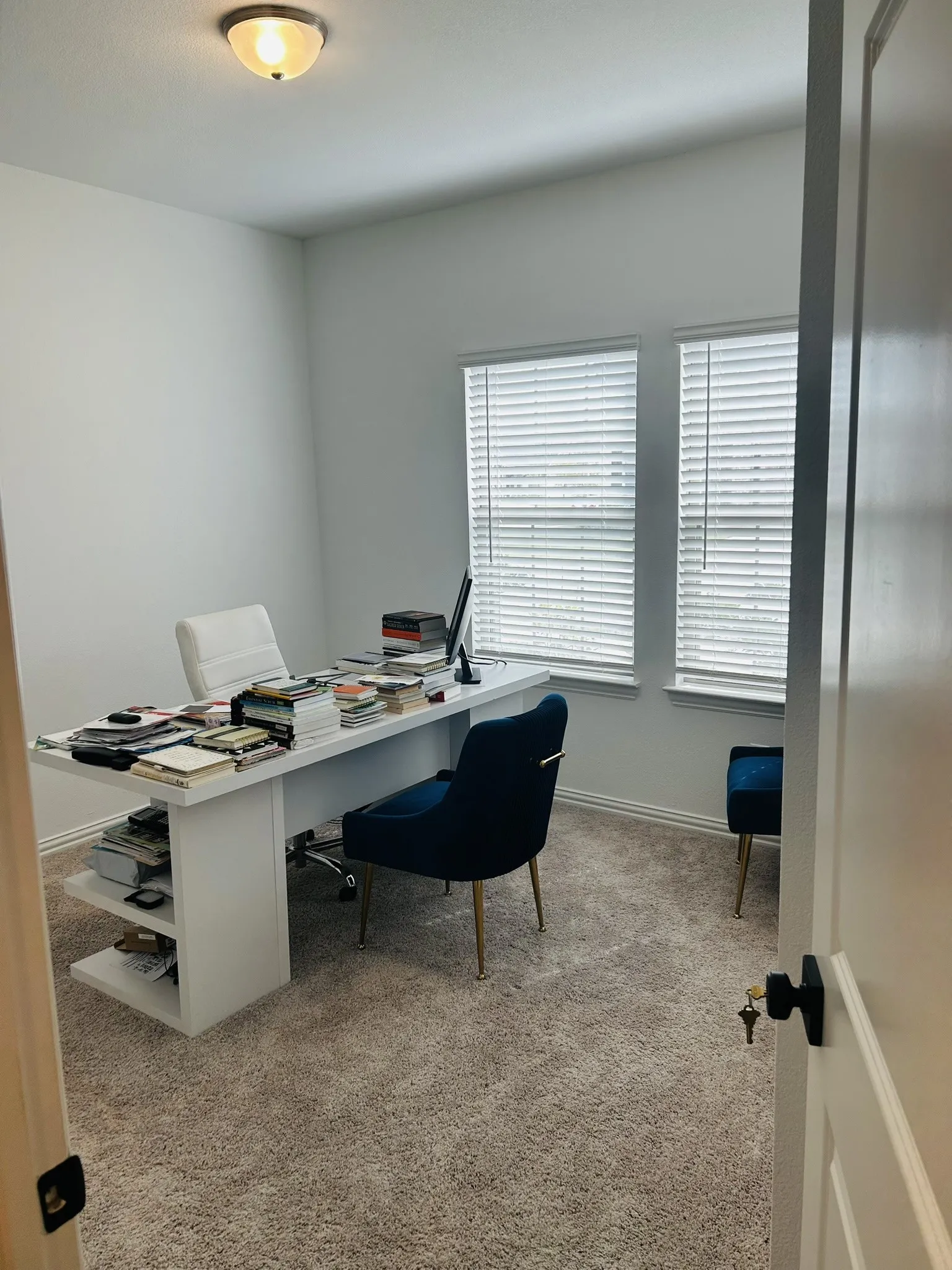 Plush carpet flooring, dual windows with blinds, and a semi-flush mount ceiling light fixture