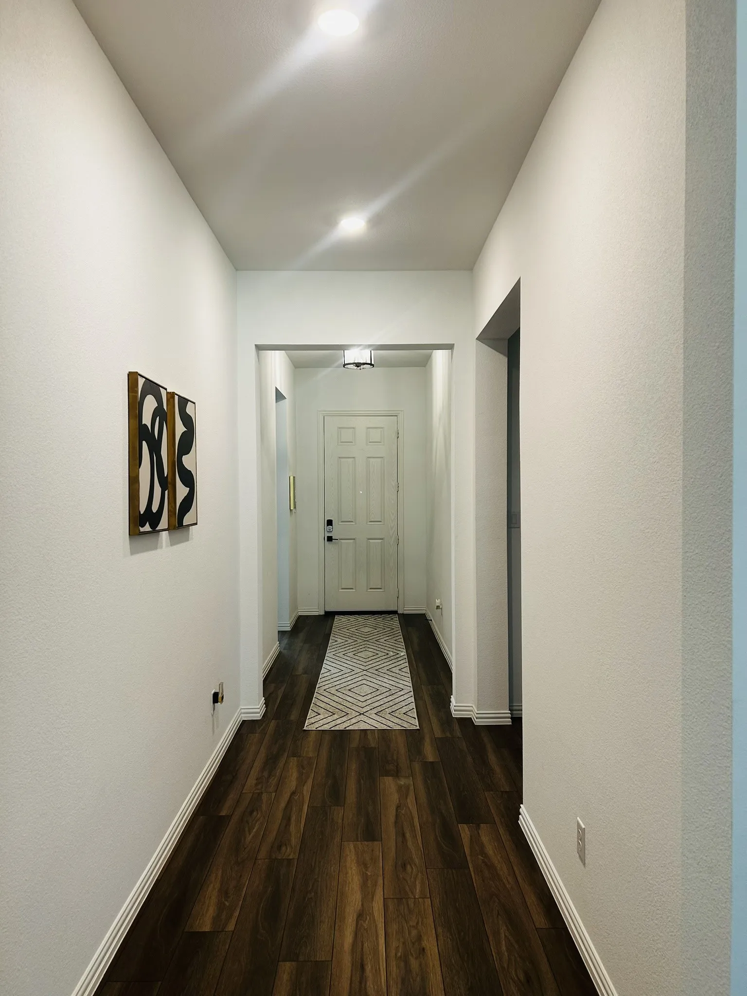 Wood-finish flooring, recessed lighting, and a white paneled door