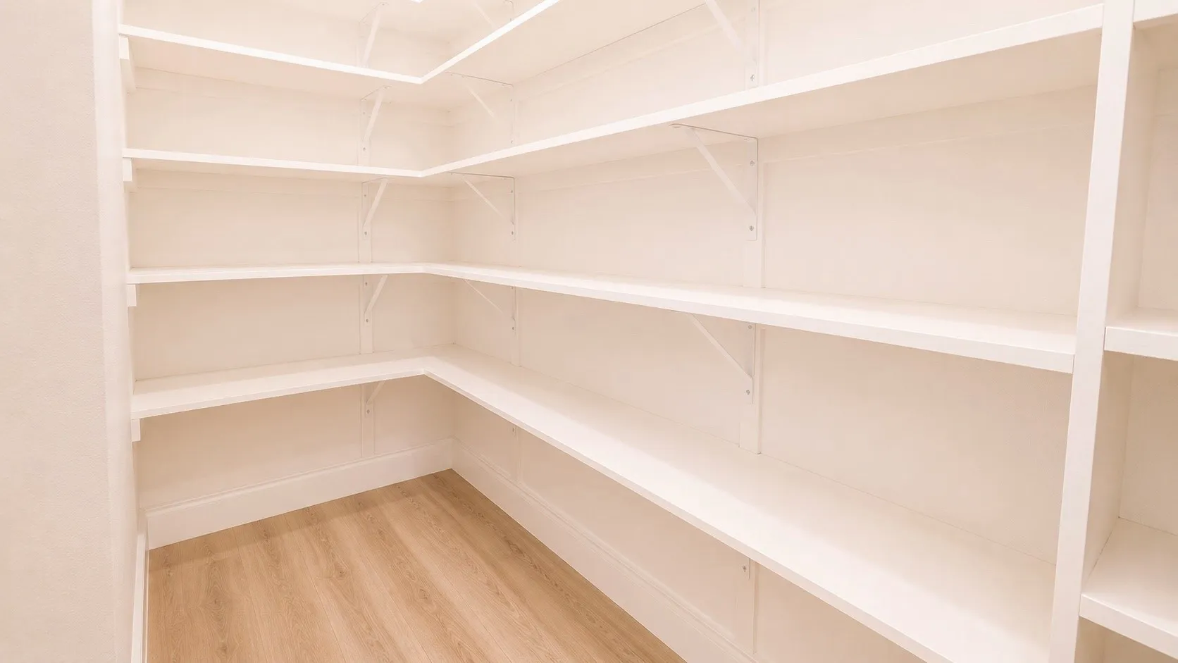 Walk-in pantry featuring white shelving, ample storage, and wood-finish flooring