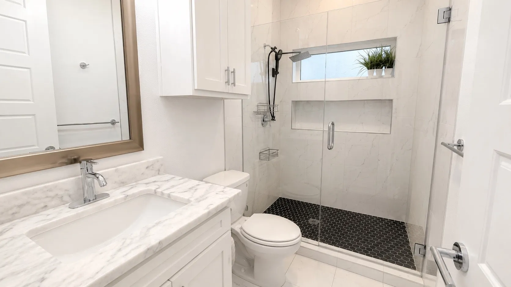 White vanity with an integrated sink and stone countertop