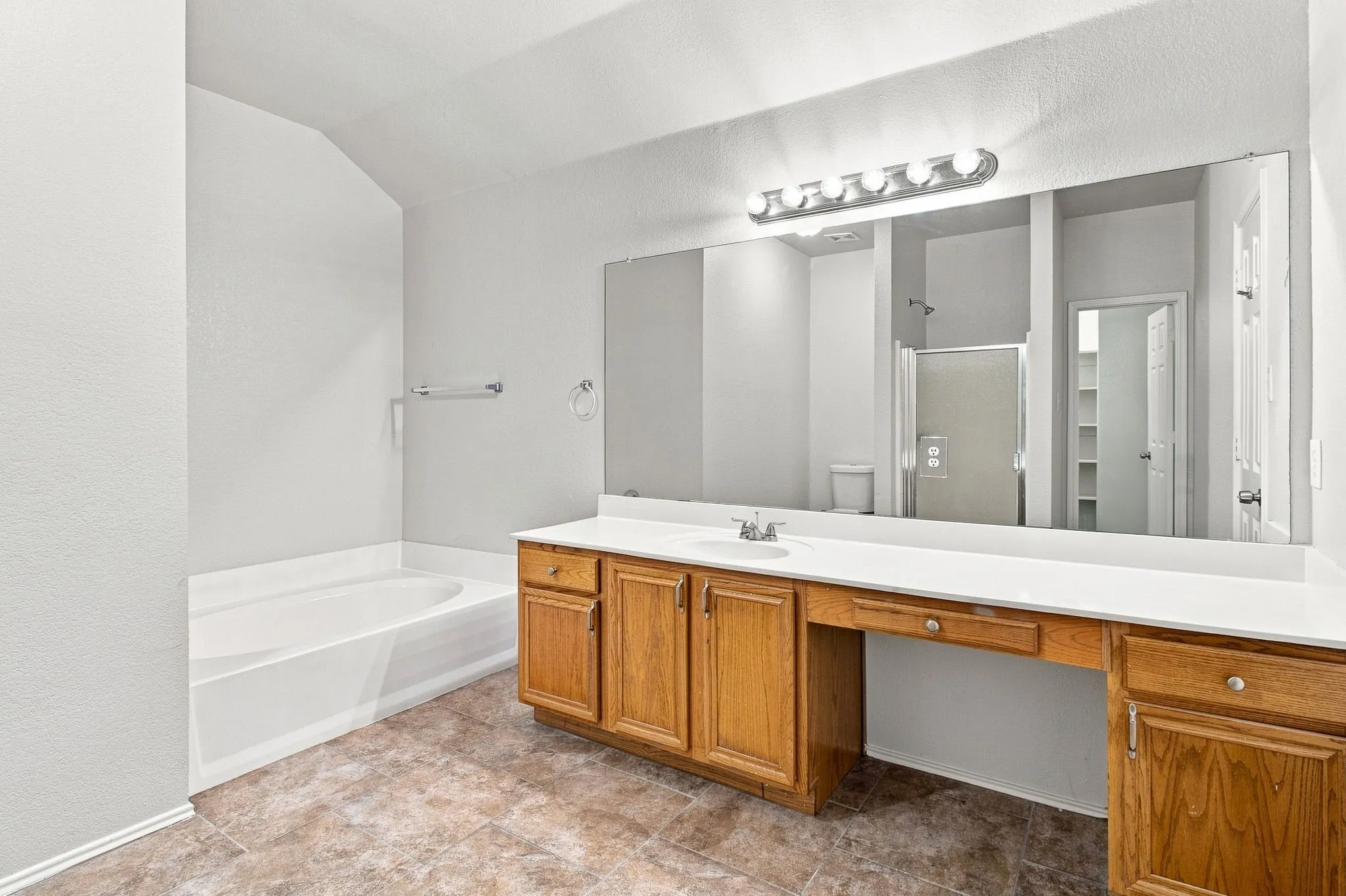 Expansive vanity with integrated sink, wood-finish cabinetry, and a large wall-mounted mirror