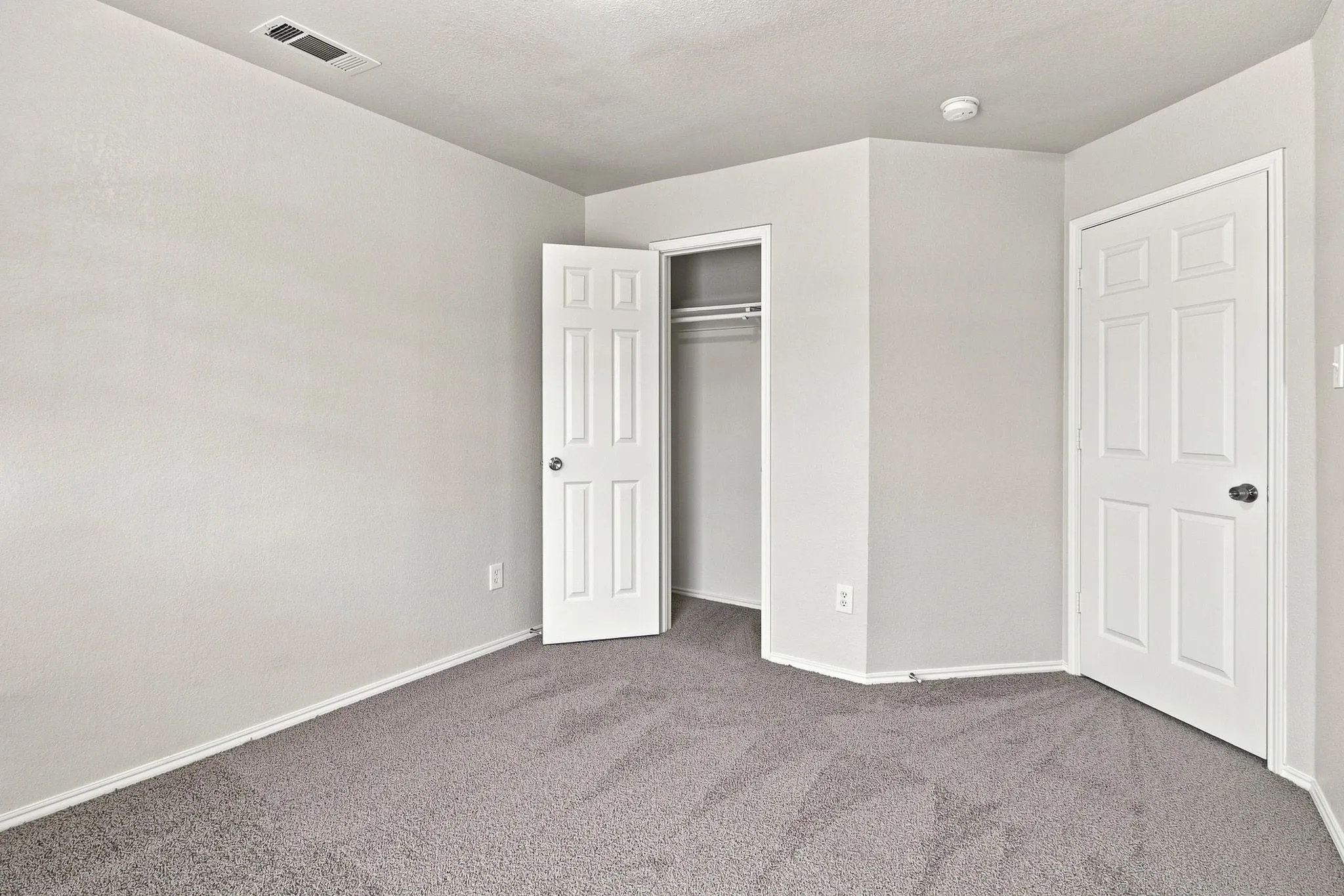 Plush gray carpeting, white painted walls, white trim, and a functional closet with a hanging rod