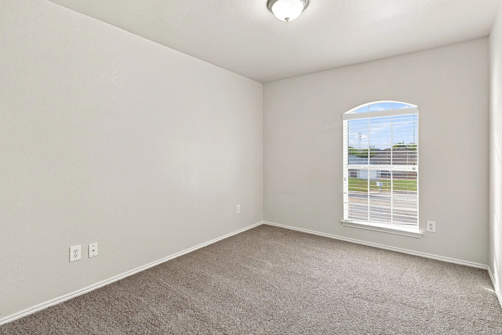 Arched window with blinds, wall-to-wall carpeting, and flush mount lighting