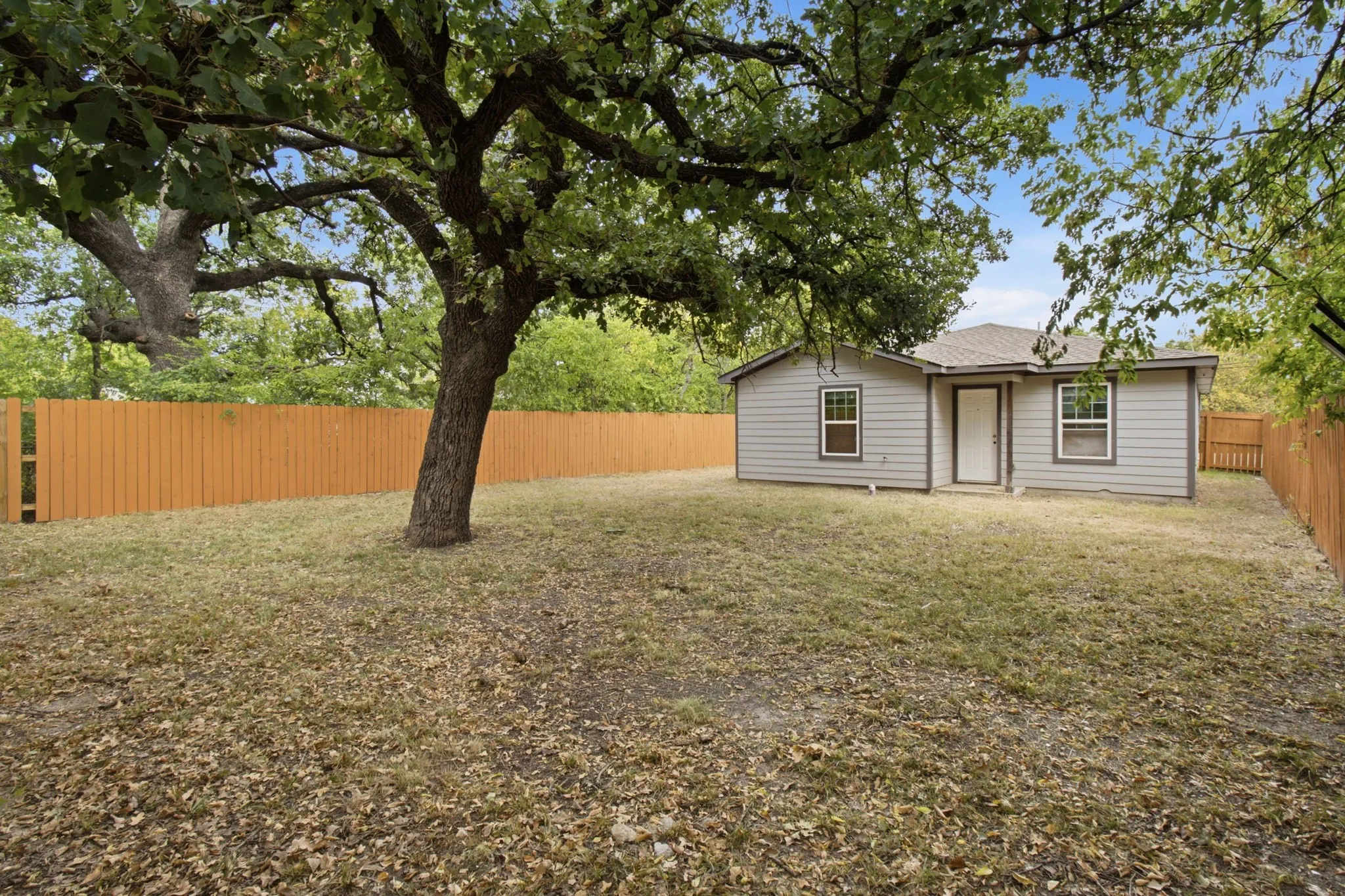 Expansive backyard featuring a large mature tree, wood privacy fencing, and a gray siding exterior
