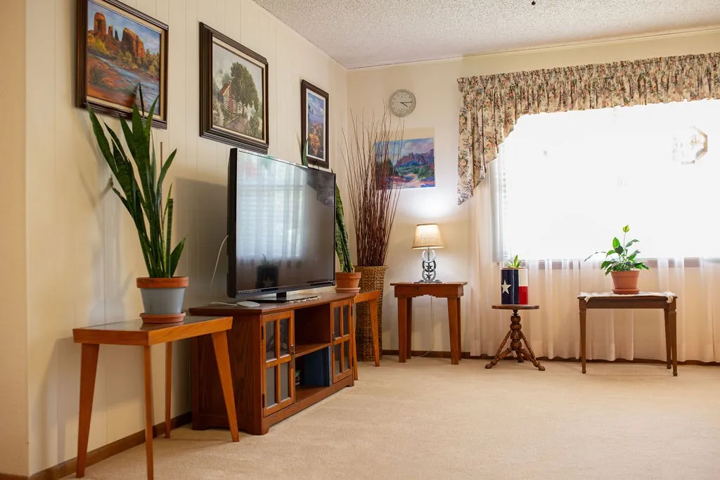 Wall paneling detailing, large window with sheer blinds, carpeted flooring, and a media console