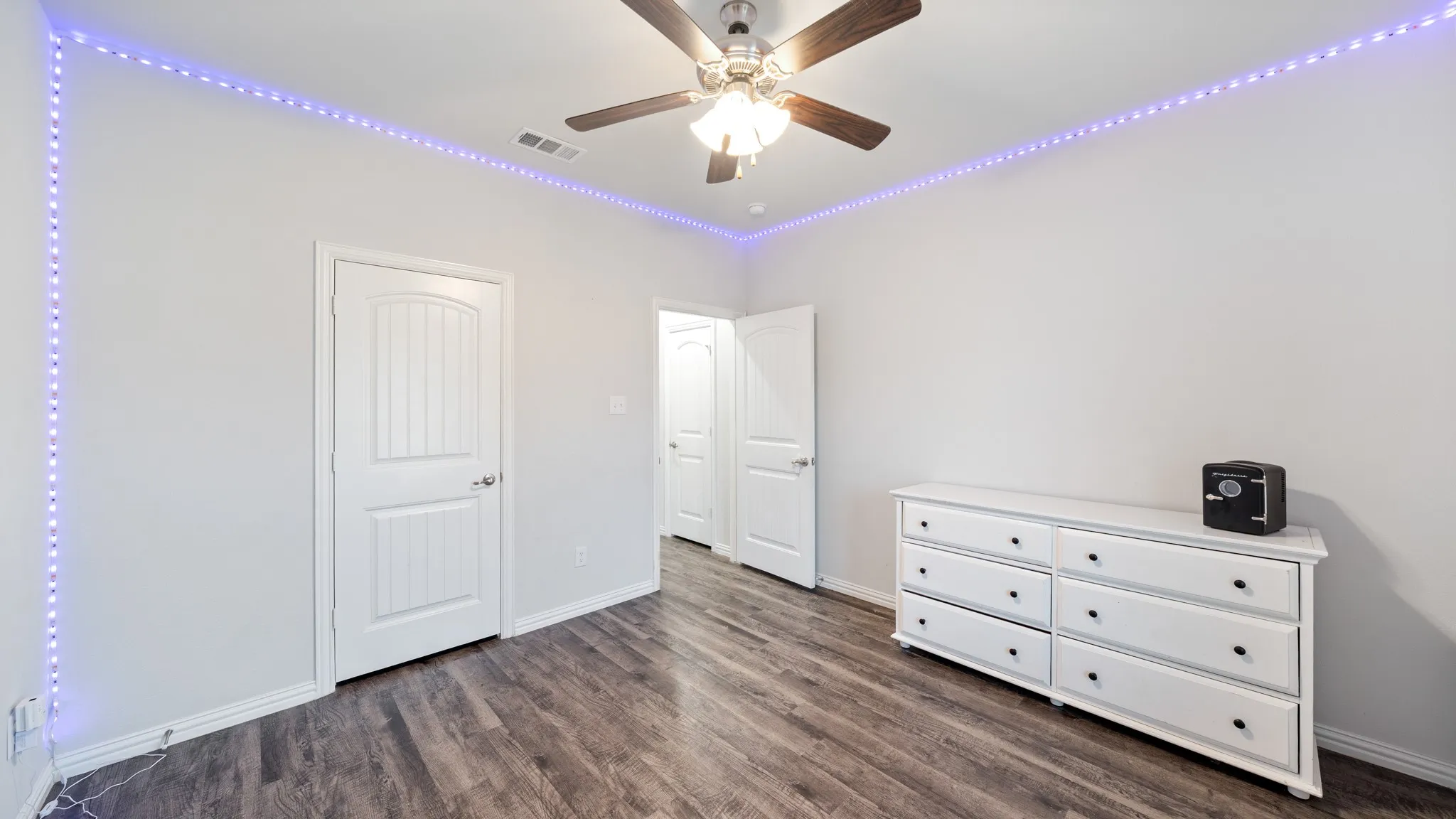 Wood-finish flooring, ceiling fan, white paneled doors, and wall-mounted strip lighting