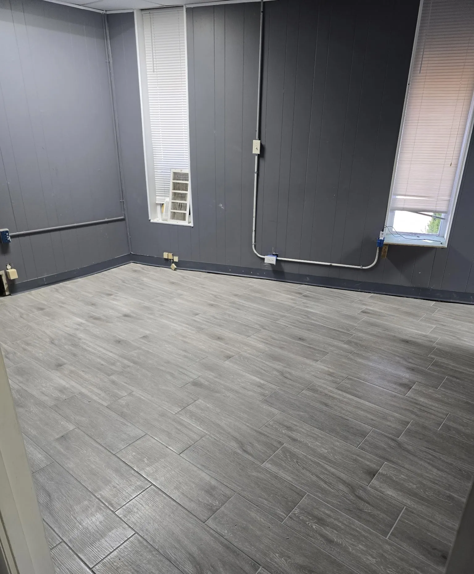Wood-finish tile flooring, dark gray paneled walls, and two windows with blinds