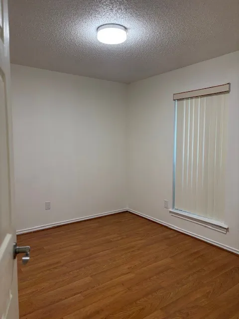 Neutral wall paint, wood-finish flooring, and a flush-mount ceiling light