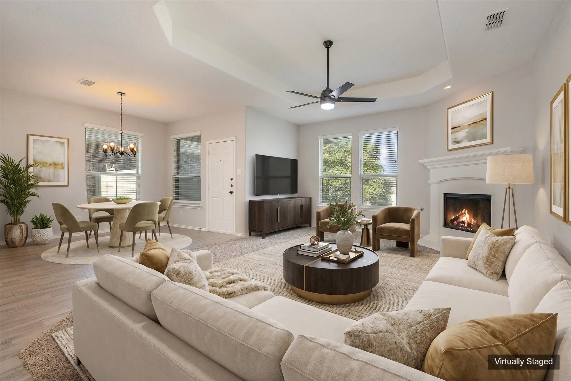 Virtually Staged View of living and dining area. Open floorplan
