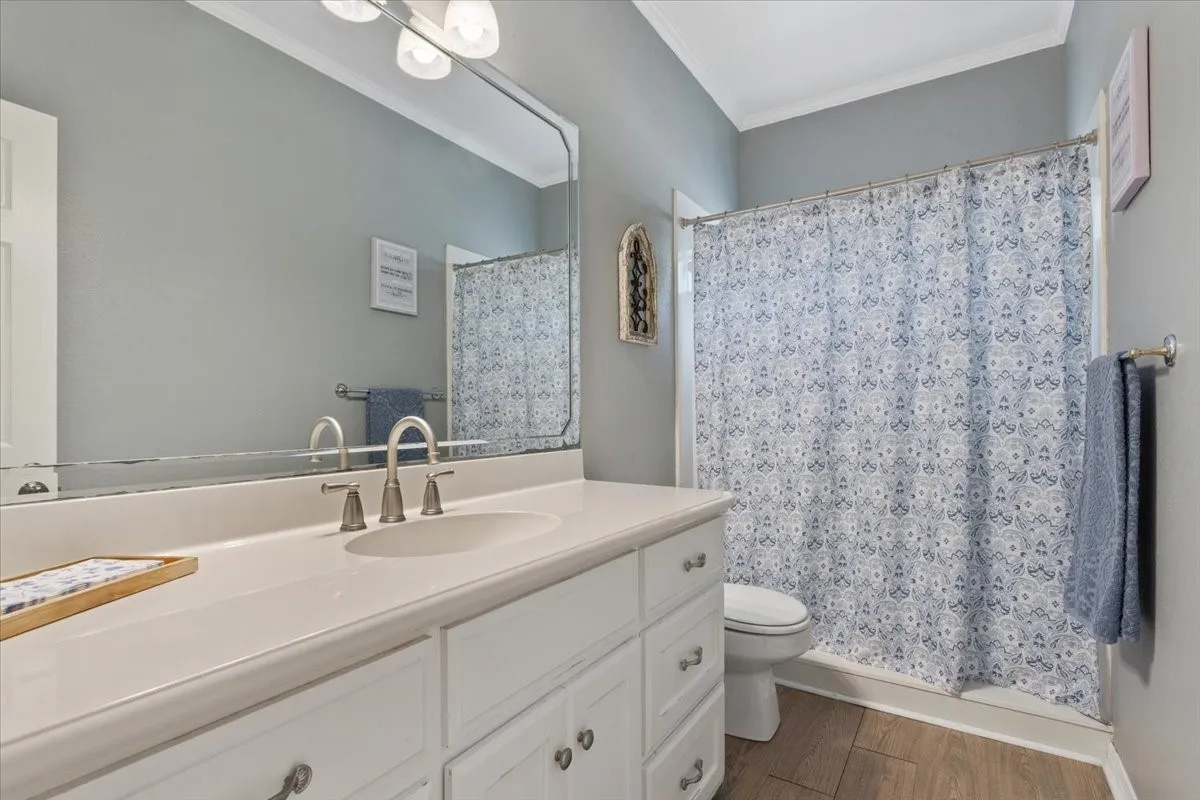 White vanity with dual sinks, brushed nickel fixtures, a large wall-mounted mirror, and wood-finish flooring