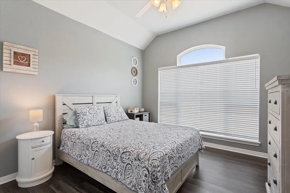 Vaulted ceiling with a ceiling fan, arched transom window, wood-finish flooring, and window blinds