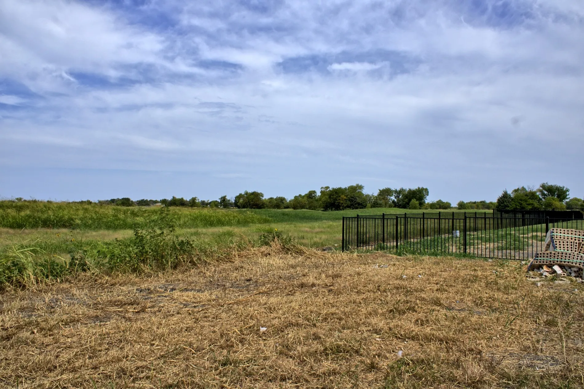 Expansive outdoor space featuring a large grassy area and a black metal fence