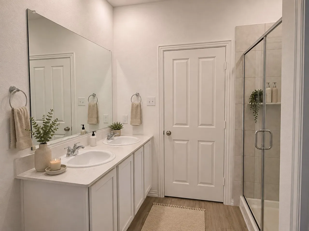 Dual vanity with white cabinetry, wood-finish flooring, and a glass-enclosed shower with tiled walls