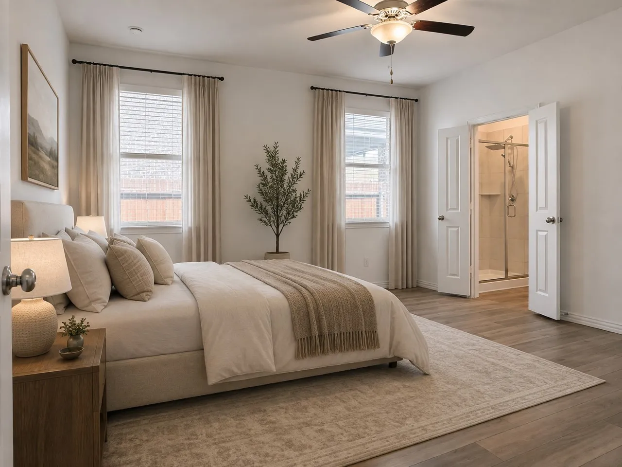 Recessed lighting, wood-finish flooring, ceiling fan, double windows, and an en-suite shower