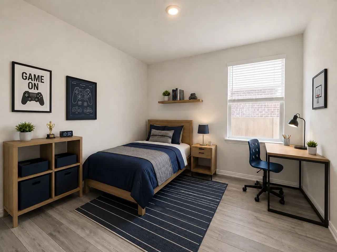 Neutral wall paint, wood-finish flooring, a single window with blinds, and a recessed ceiling light