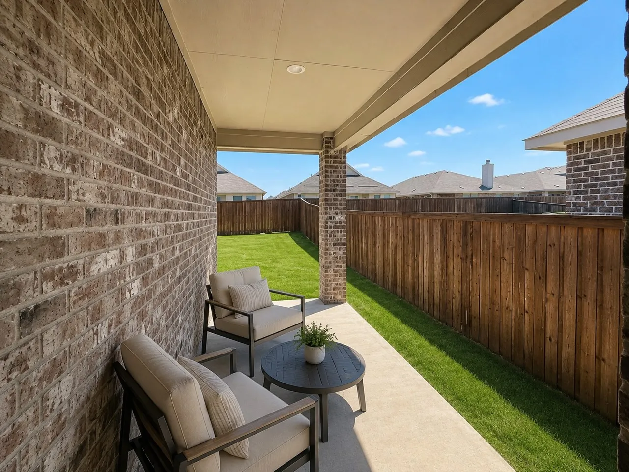 Covered patio featuring a brick pillar, recessed lighting, concrete flooring, and a privacy fence enclosing a grass lawn