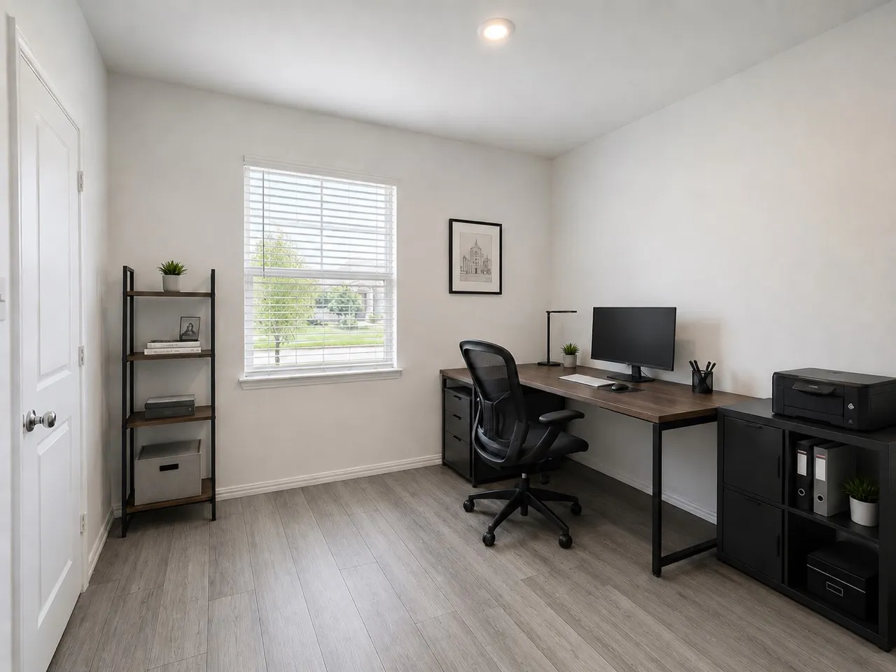 Recessed lighting, wood-finish flooring, white walls, and a window with blinds