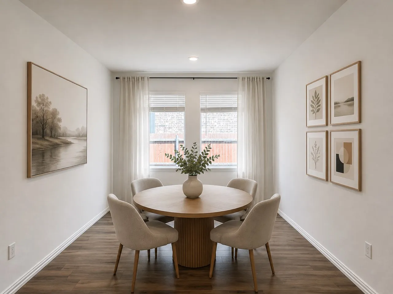 Wood-finish flooring, recessed lighting, and a window with blinds and sheer curtains