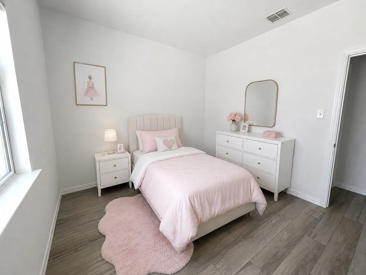 Wood-finish flooring, white walls, and a large window